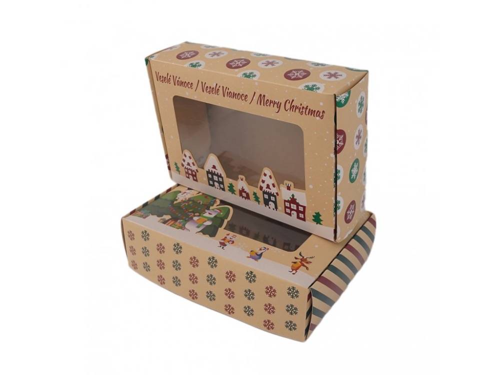 Vánoční krabice kraftová s domečky (25 x 17 x 7 cm)