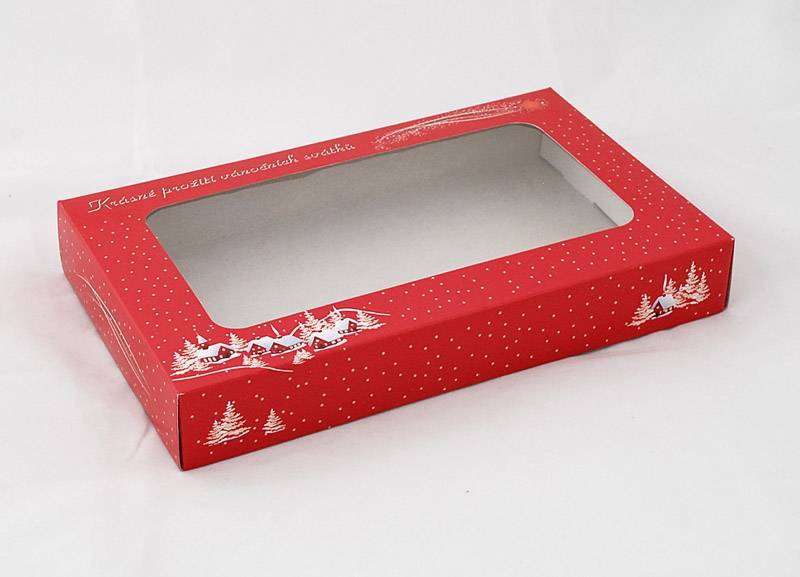 Vánoční krabice na cukroví červená s chaloupkami (25 x 15 x 3,7 cm)