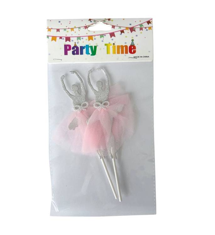 Zápich do dortu Baletky 2 stříbrné s růžovou sukní (2 ks)