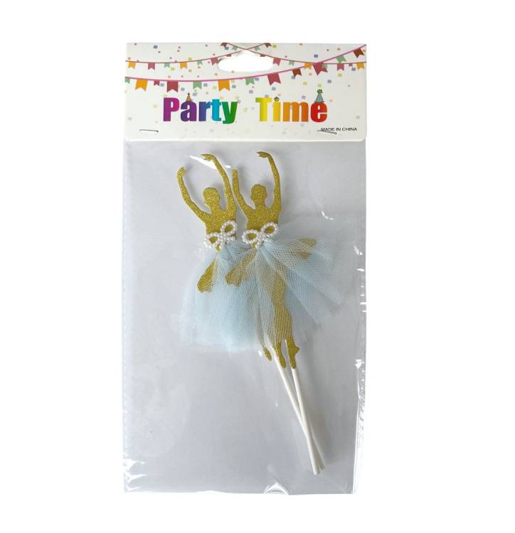 Zápich do dortu Baletky 2 zlaté s modrou sukní (2 ks)