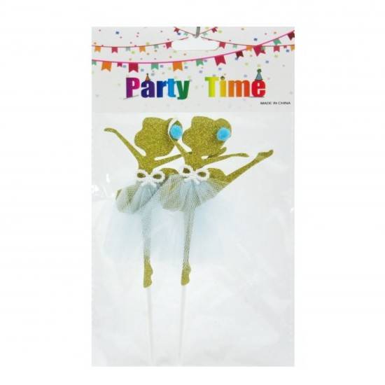 Zápich do dortu Baletky zlaté s modrou sukní (2 ks)