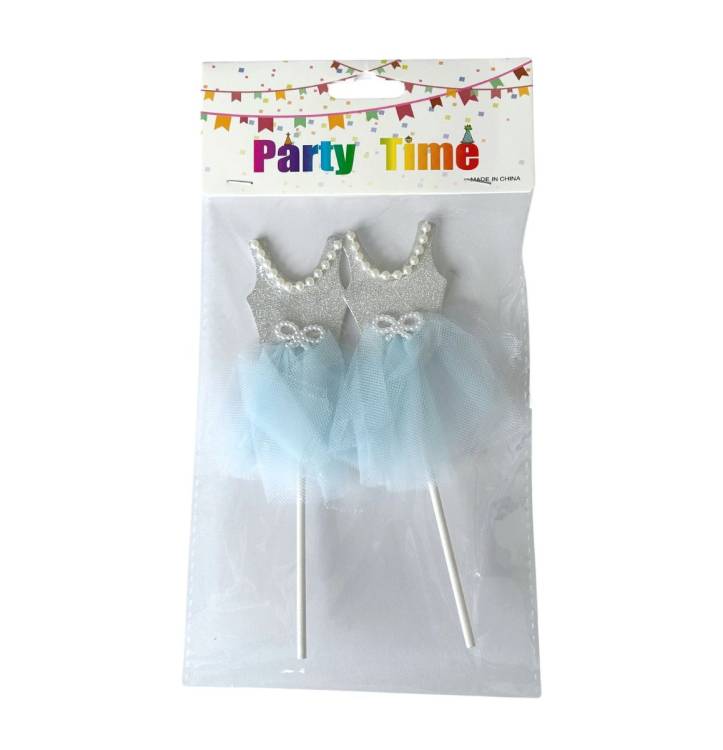 Zápich do dortu Baletní šaty na ramínka stříbrné s modrou sukní (2 ks)