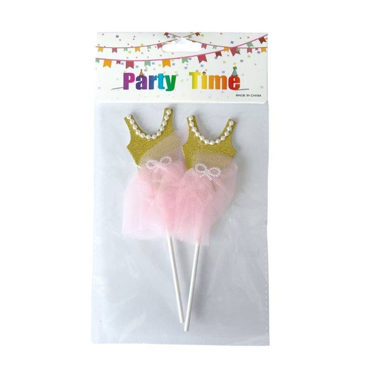 Zápich do dortu Baletní šaty na ramínka zlaté s růžovou sukní (2 ks)