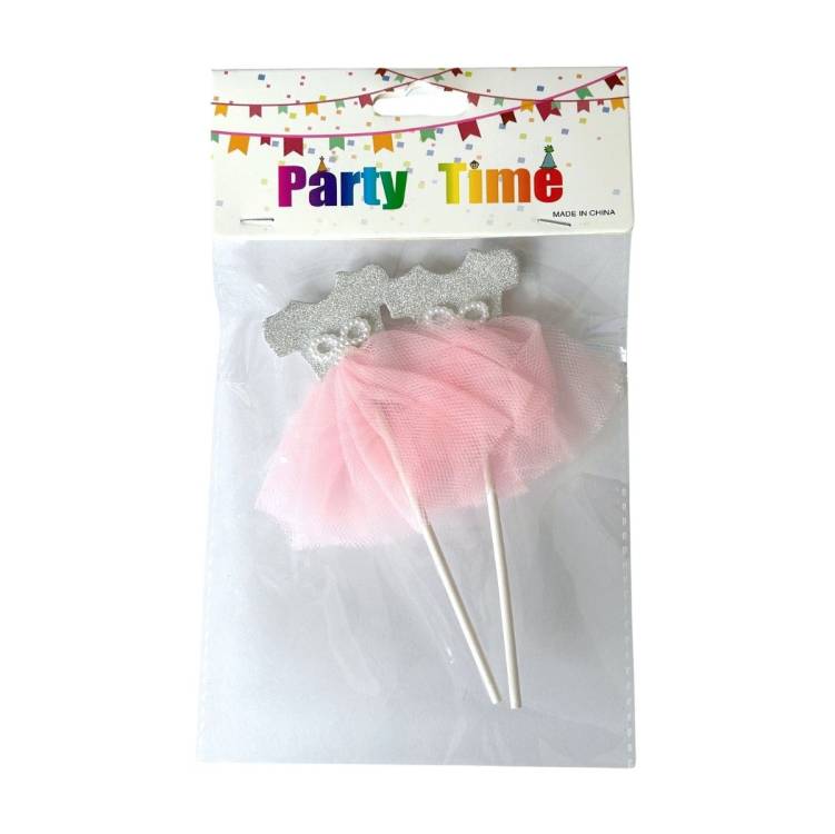 Zápich do dortu Baletní šaty stříbrné s růžovou sukní (2 ks)