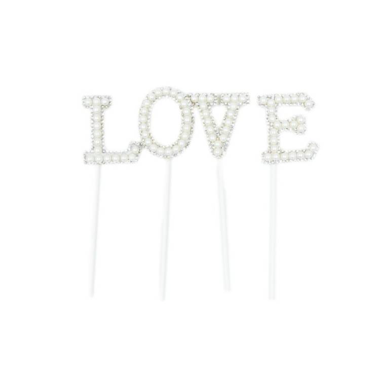 Zápich do dortu bílý s perlami LOVE (4 ks)