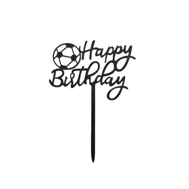 Zápich do dortu černý Happy Birthday s fotbalovým míčem
