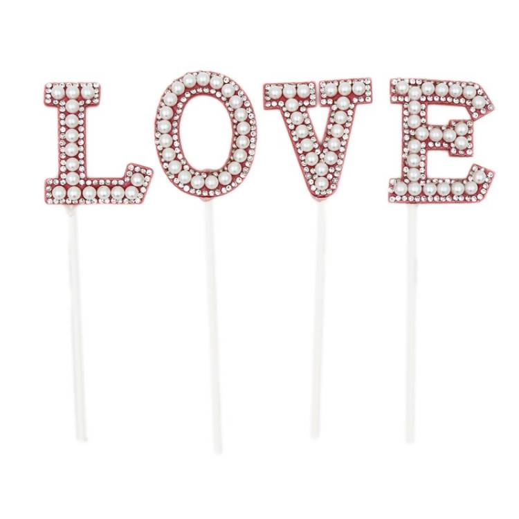 Zápich do dortu červený s perlami LOVE (4 ks)