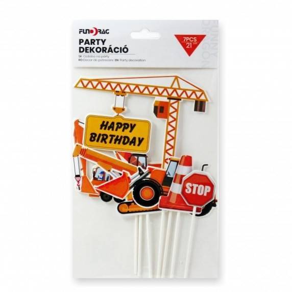 Zápich do dortu Happy Birthday s motivy stavby (5 ks)