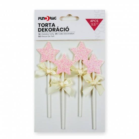 Zápich do dortu Hvězdičky růžové s mašličkami (4 ks)
