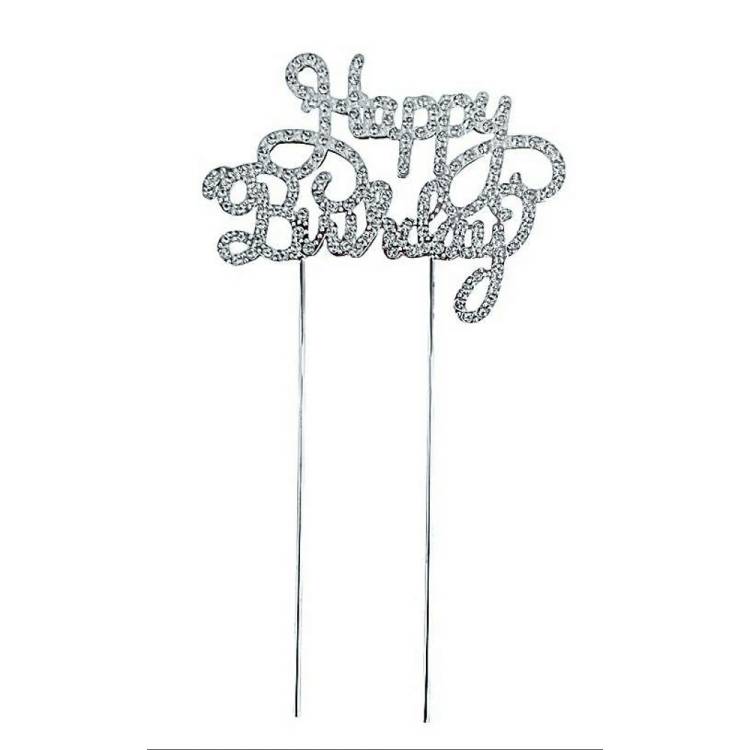 Zápich do dortu kovový stříbrný Happy Birthday