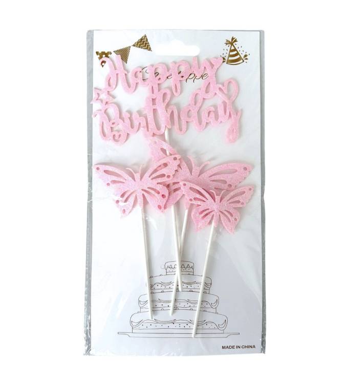 Zápich do dortu růžový Happy Birthday s motýlky (4 ks)