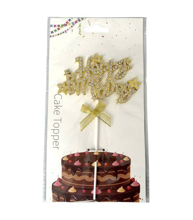 Zápich do dortu zlatý Happy Birthday s mašlí