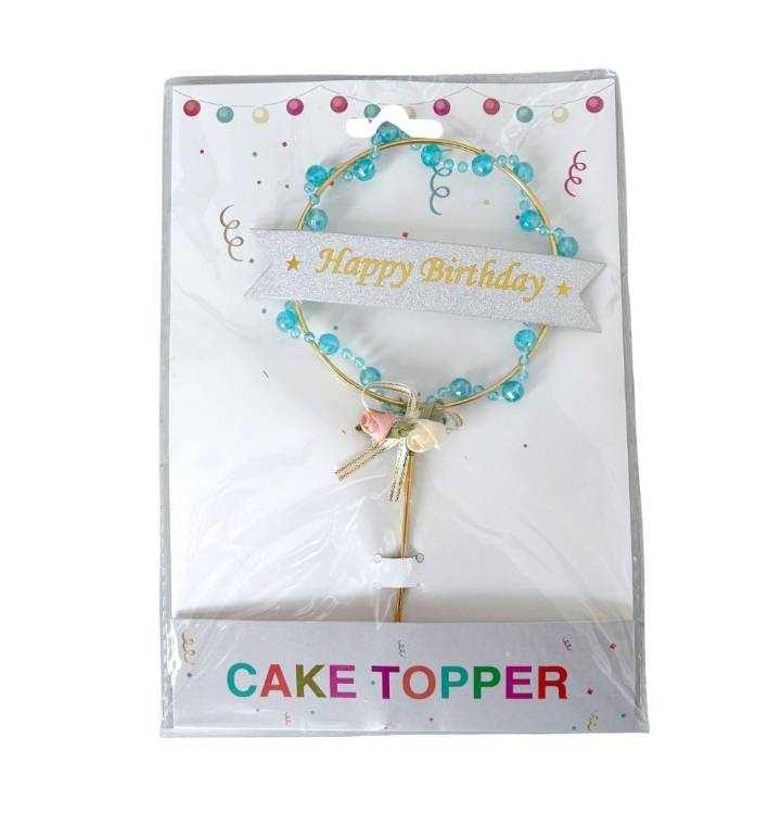 Zápich do dortu zlatý Happy Birthday s modrými korálky