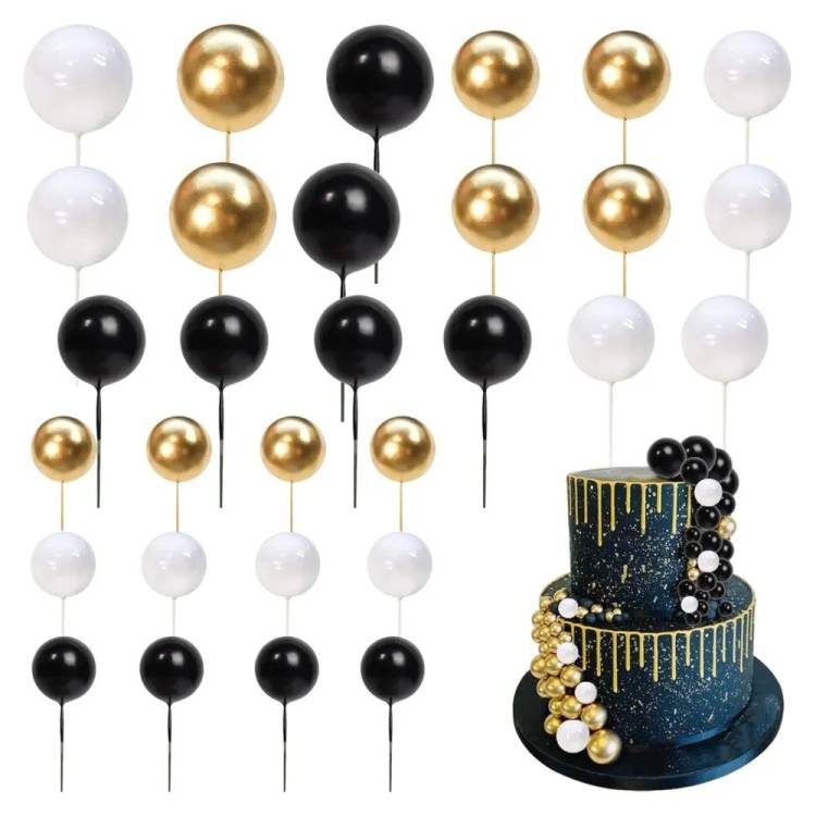 Zapichovací dekorace Koule bílé, černé a zlaté různé velikosti (36 ks)