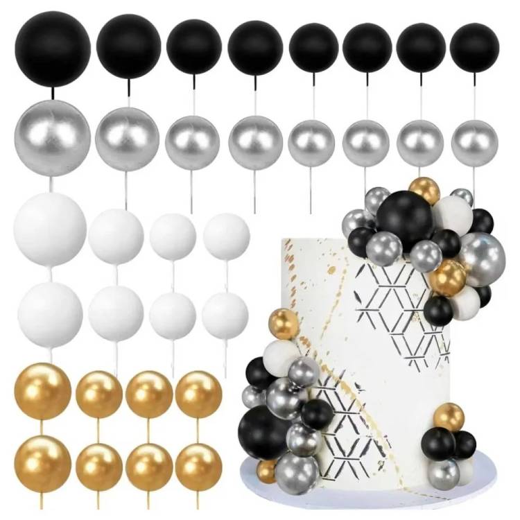 Zapichovací dekorace Koule bílé, černé, stříbrné a zlaté různé velikosti (36 ks)