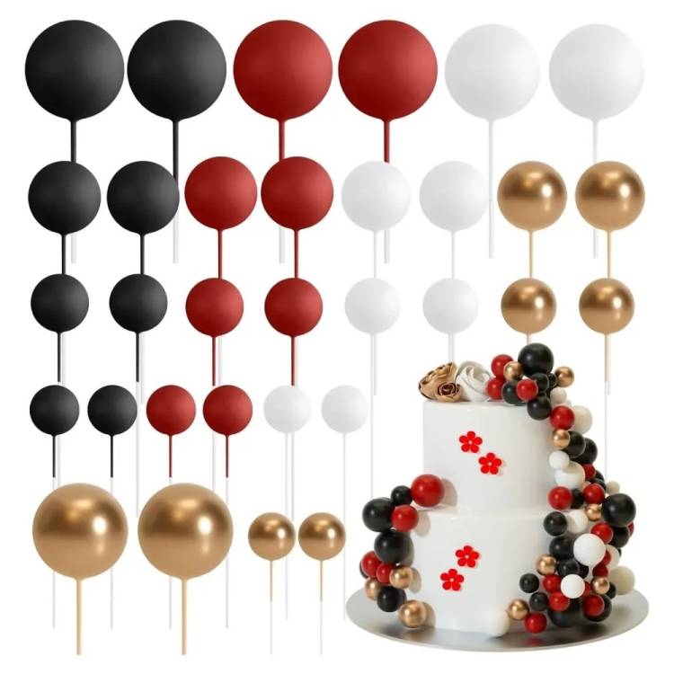 Zapichovací dekorace Koule bílé, červené, černé a zlaté různé velikosti (36 ks)