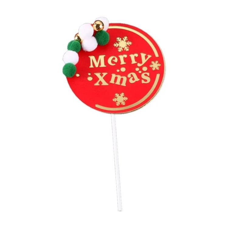 Zapichovací dekorace na dort červená Merry Xmas s plyšovými bambulkami