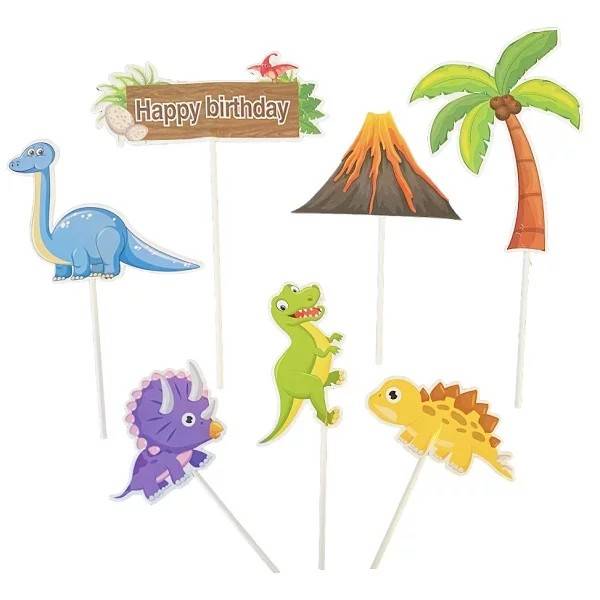 Zapichovací dekorace na dort Happy Birthday s dinosaury (7 ks)
