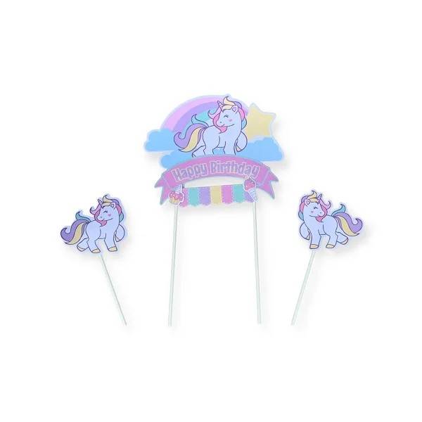 Zapichovací dekorace na dort Happy Birthday s jednorožci (3 ks)