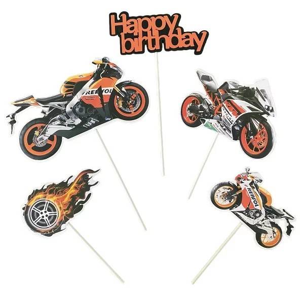 Zapichovací dekorace na dort Happy Birthday s motorkami (5 ks)