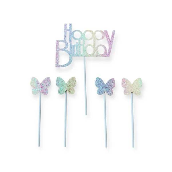 Zapichovací dekorace na dort Happy Birthday s motýlky (5 ks)