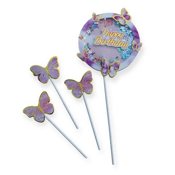 Zapichovací dekorace na dort růžová Happy Birthday s motýlky (4 ks)