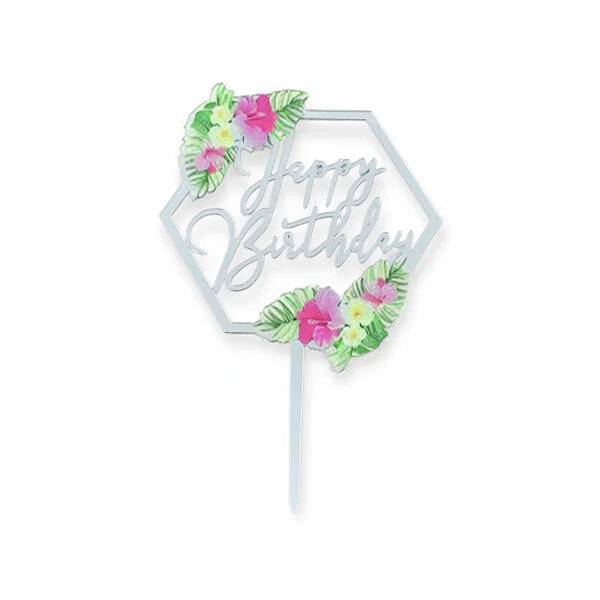 Zapichovací dekorace na dort stříbrná Happy Birthday v rámečku s květinami