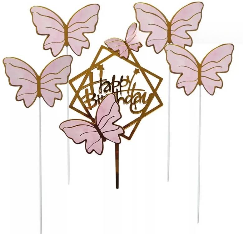Zapichovací dekorace na dort zlatá Happy Birthday s motýlky (4 ks)