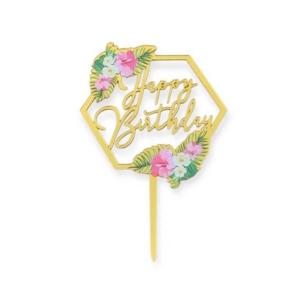 Zapichovací dekorace na dort zlatá Happy Birthday v rámečku s květinami