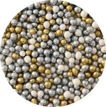4Cake Cukrovo-ryžové perly biele perleťové, strieborné a zlaté (60 g)