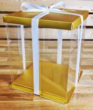 4Cake Plastový hranatý box na dorty zlatý bez stuhy (26 x 26 x 31 cm)