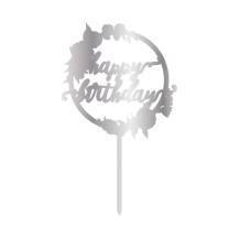 Cesil Zapichovací plastová dekorace stříbrná Happy Birthday v kruhu s květinami