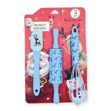 Cukrářská sada stěrka, váleček a šlehací metla modrá s vánočním motivem (3 ks)