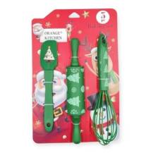 Cukrářská sada stěrka, váleček a šlehací metla zelená s vánočním motivem (3 ks)