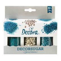 Decora cukrové zdobení modré a čokoládové lentilky stříbrné (85 g)