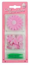 Edible paper decorations Daisies and flowers mini pink with leaves (34 pcs)