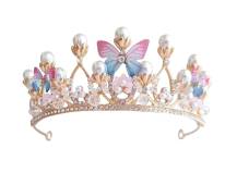 Nejedlá dekorace kovová Koruna zlatá s perlami a motýlky