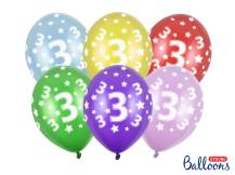 Balony PartyDeco kolorowe metaliczne 3 urodziny (6 szt., kolory losowe)