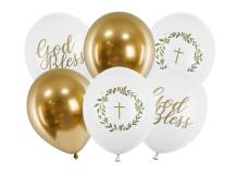 PartyDeco balóniky bielej a zlatej God Bless (6 ks)