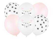 PartyDeco balónky bílé s motivem koček (6 ks)