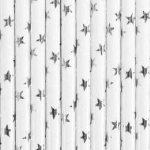 PartyDeco Papírová brčka bílá se stříbrnými hvězdičkami (10 ks) 1