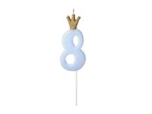 PartyDeco small blue candle with crown number 8