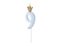 PartyDeco small blue candle with crown number 9