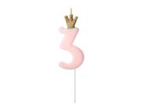 PartyDeco Kerze klein rosa mit Krone Nummer 3