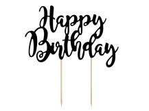 PartyDeco zapichovacia dekorácia na tortu čierna Happy Birthday