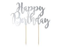 PartyDeco zapichovacia dekorácia na tortu strieborná Happy Birthday
