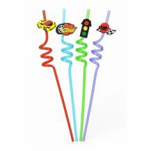 Plastová barevná brčka spirálová se závodními motivy (4 ks)