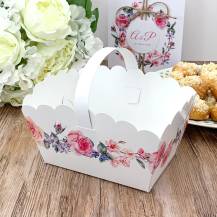 Svatební košíček na cukroví bílý s květinami (13 x 9 x 9,5 cm)