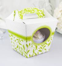 Svatební krabička na cupcake bílo-zelená (7,5 x 7,5 x 9,3 cm)