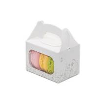 Svatební krabička na makronky bílá s šedým zdobením (8 x 5,7 x 5,7 cm)